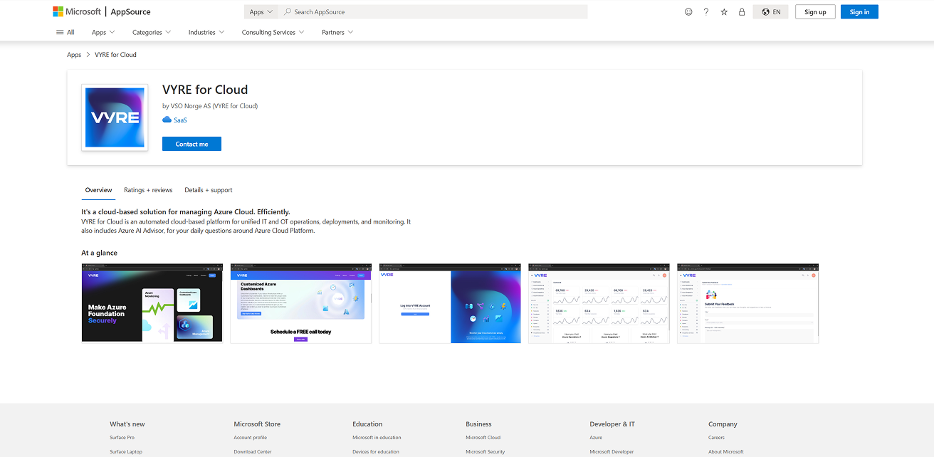 VYRE for Cloud listing overview on Microsoft AppSource.