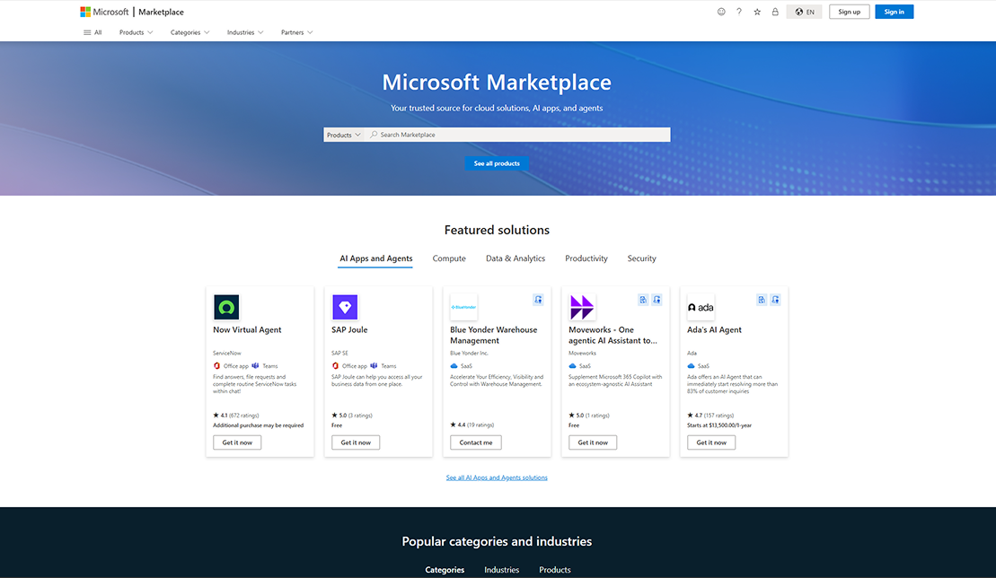 Azure Marketplace catalogue showing featured SaaS solutions.